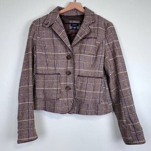 American Eagle Houndstooth Plaid Button Up Blazer Elbow Patches Women's Size M